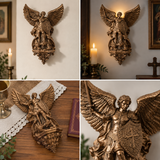 St. Michael the Archangel Battery-Powered Wall Lamp — Antique Bronze Resin Christian Home Decor