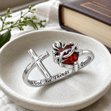 Sacred Heart of Jesus Thorn Flame Cross Adjustable Open Ring