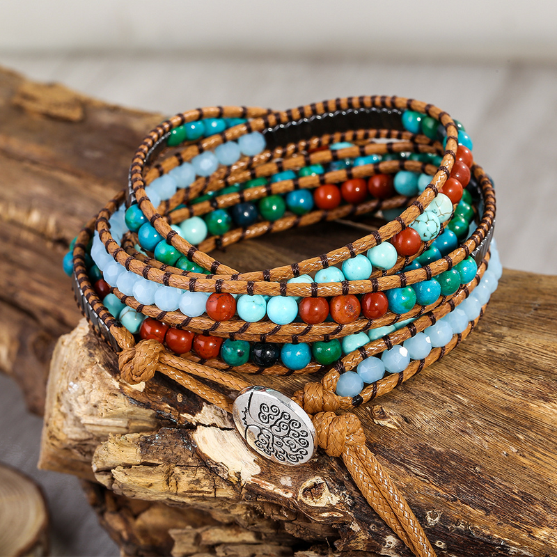 Multi-Layered Hand-Woven Natural Crystal Stone Leather Tree of Life Guardian Bracelet