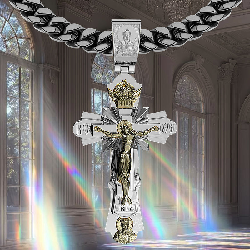 Gold-Plated Copper Crucifix Pendant with Jesus Christ and Religious Figures