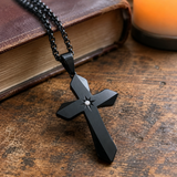 Faceted Eight Point North Star CZ Inlay Stainless Steel Cross Necklace
