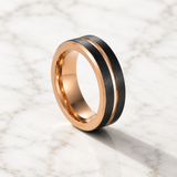 Two-Tone Brushed Titanium Steel Ring, Rose Gold & Black Grooved Wedding Band, 8mm Comfort Fit Mens Promise Ring