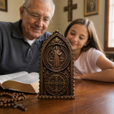 Hand-Carved Beechwood St. Benedict Medal Desktop Ornament