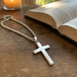 Minimal Polished Stainless Steel Cross Necklace, Classic Plain Cross Pendant with Cuban Chain, Religious - craftsmanship detail