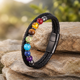 21cm Double Braided Leather 7 Chakra Natural Healing Stone Bracelet