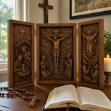 The Life of Christ Hand-Carved Beechwood Triptych – From Nativity to Resurrection Glory