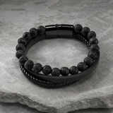 Triple Strand Natural Tiger Eye & Lava Rock Braided Leather Men’s Bracelet