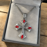Vintage Red Zircon Cross Pendant Necklace, Religious Faith Men’s Necklace