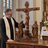 Hand-Carved Ash Wood Calvary Crucifix with Jesus, Mary, St. John & Mary Magdalene