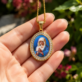 Iced Oval Praying Virgin Mary Portrait Pendant Necklace, 316L Stainless Steel Gold Plated Our Lady Medal Necklace With Rope Chain Religious Jewelry