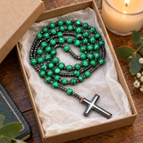 Green Malachite-Style Bead Christian Cross Prayer Rosary Necklac