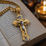 Gold-Plated Copper Crucifix Pendant with Jesus Christ and Religious Figures