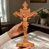 Wood carving of the Cross of the Order of Saint Benedict - with base
