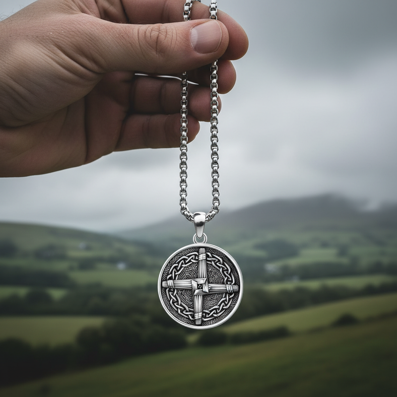 Hand holding Celtic faith necklace in Irish countryside