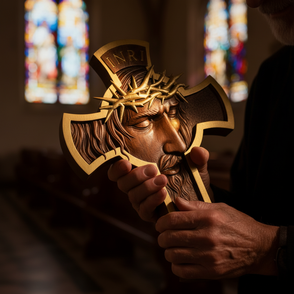 Sacred Thorn Crown Wooden Cross ️ | Hand-Carved Beechwood Crucifix with ...