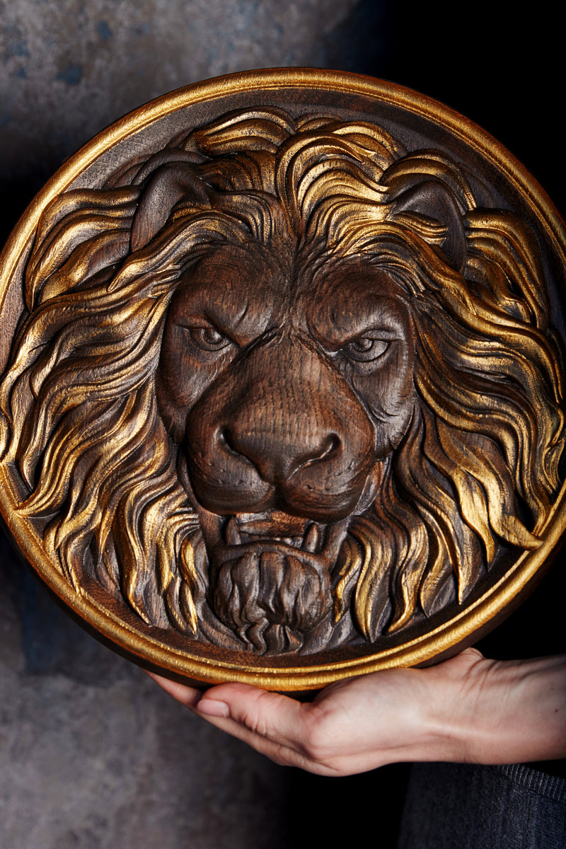 Carved Lion Head Wood Carving Wall Art