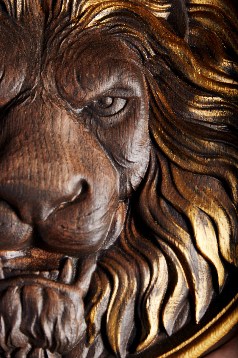 Carved Lion Head Wood Carving Wall Art