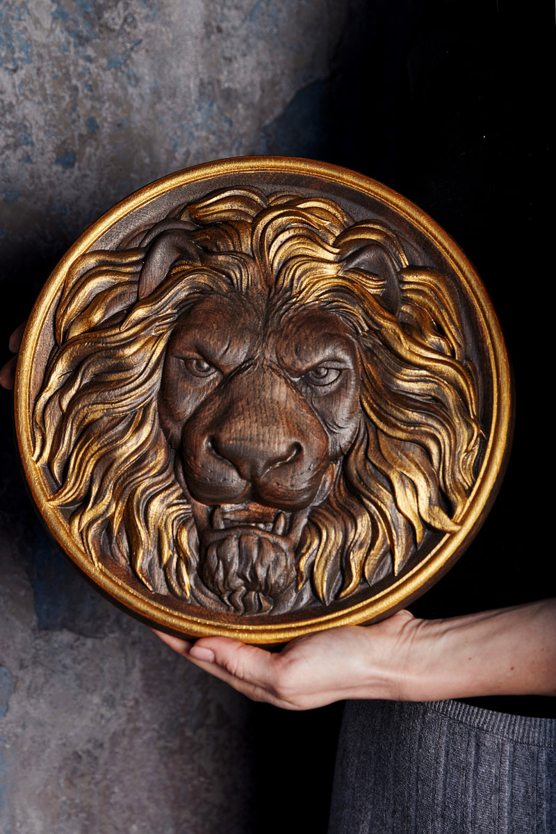 Carved Lion Head Wood Carving Wall Art
