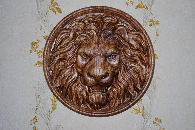 Carved Lion Head Wood Carving Wall Art