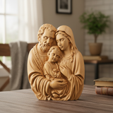 Hand-carved beechwood Holy Family figurine on rustic wooden table with warm window light