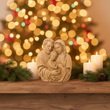 Holy Family beechwood figurine on mantelpiece with pine branches and Christmas candles