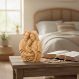 Holy Family wood carving on bedside prayer corner with open Bible and rosary beads