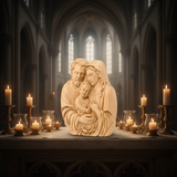 Holy Family wood sculpture on stone cathedral altar surrounded by candlelight