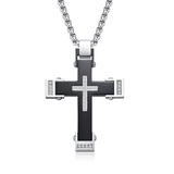 Modern Two-Tone Black & Silver Double Cross Pendant Necklace