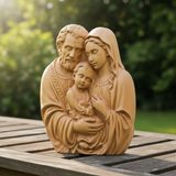 Holy Family wood figurine on garden bench with dappled sunlight through trees