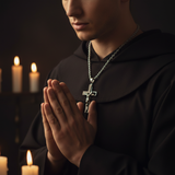 Male model candlelight prayer - hands holding crucifix