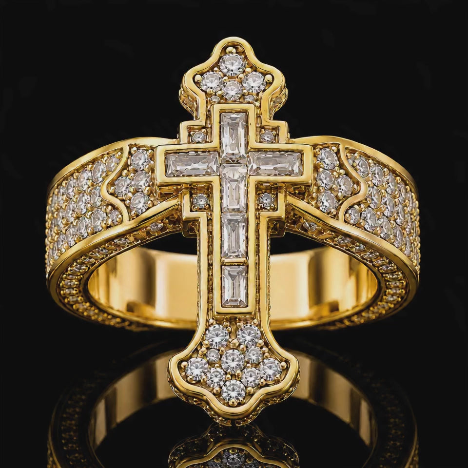 Christian Cross Statement Ring with 5A+ Cubic Zirconia – Silver & 14K Gold Plated - product video preview 4