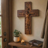 Hand-Carved Beechwood Holy Trinity Crucifix Wall Cross – Christian Home Prayer Decor