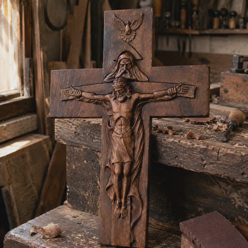 Hand-Carved Beechwood Holy Trinity Crucifix Wall Cross – Christian Home Prayer Decor - product video preview 2