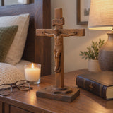 Hand-Carved Beechwood Crucifixion of Jesus Standing Cross – Christian Prayer & Home Altar Decor
