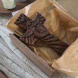 Holy Family wood icon decoration, Joseph, Mary, Baby Jesus, carved wooden cross, wall decoration