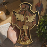 Hand-Carved Beechwood Archangel Michael Wall Cross – Quis Ut Deus Christian Home Decor