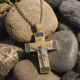 Multicolor Zircon Jesus Crucifix Gold‑Tone Stainless Steel Necklace