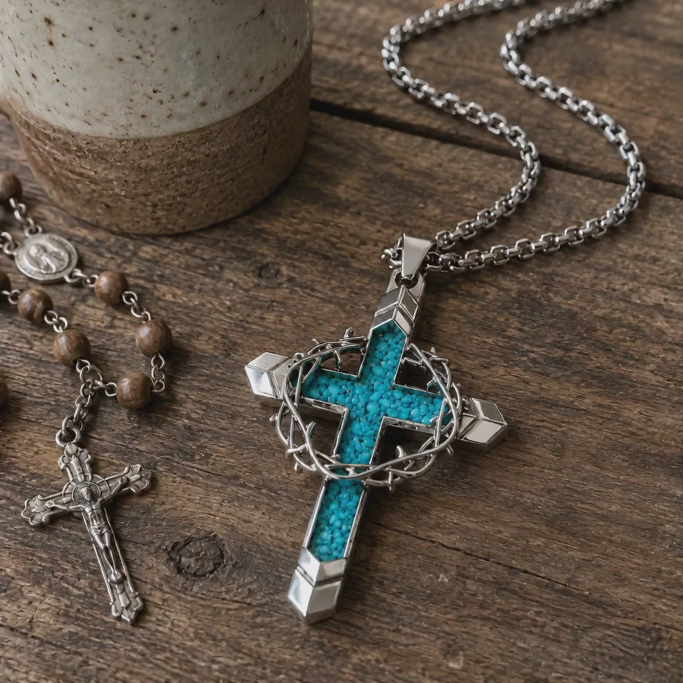 Crown of Thorns Turquoise Cross Necklace – Christian Faith Pendant with 24″ Chain - product video preview 4