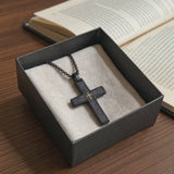 Two-Tone Bevel Edge Carbon Fiber Textured Inlaid Tiny Cross Stainless Steel Necklace - product video preview 2