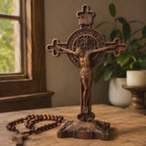 Hand-Carved Beechwood Saint Benedict Crucifix – Double-Sided Christian Standing Cross