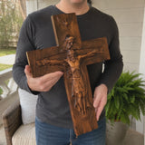 Hand-Carved Beechwood Holy Trinity Crucifix Wall Cross – Christian Home Prayer Decor