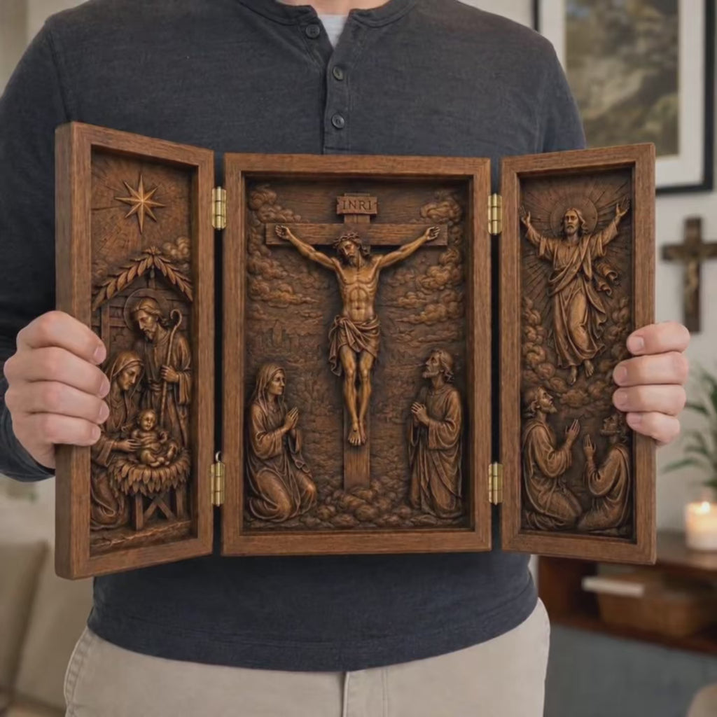 The Life of Christ Hand-Carved Beechwood Triptych – From Nativity to Resurrection Glory - product video preview 6