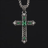 Vintage Green Stone Cross Pendant Necklace for Men