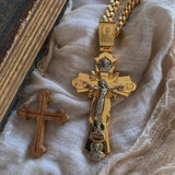 Gold-Plated Copper Crucifix Pendant with Jesus Christ and Religious Figures