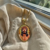 3D Embossed Enamel Crown of Thorns Jesus Oval Stainless Steel Necklace
