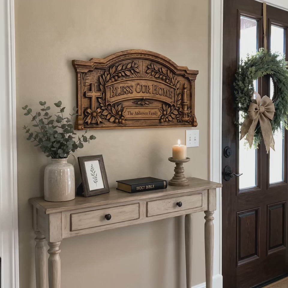 Personalized “Bless Our Home” Hand-Carved Beechwood Wall Plaque - product video preview 2