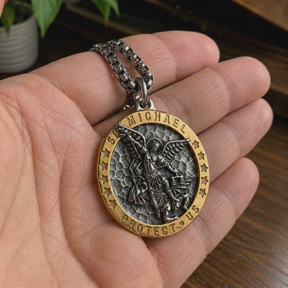 Two-Tone St. Michael Archangel Protection Medal Stainless Steel Necklace - product video preview 4