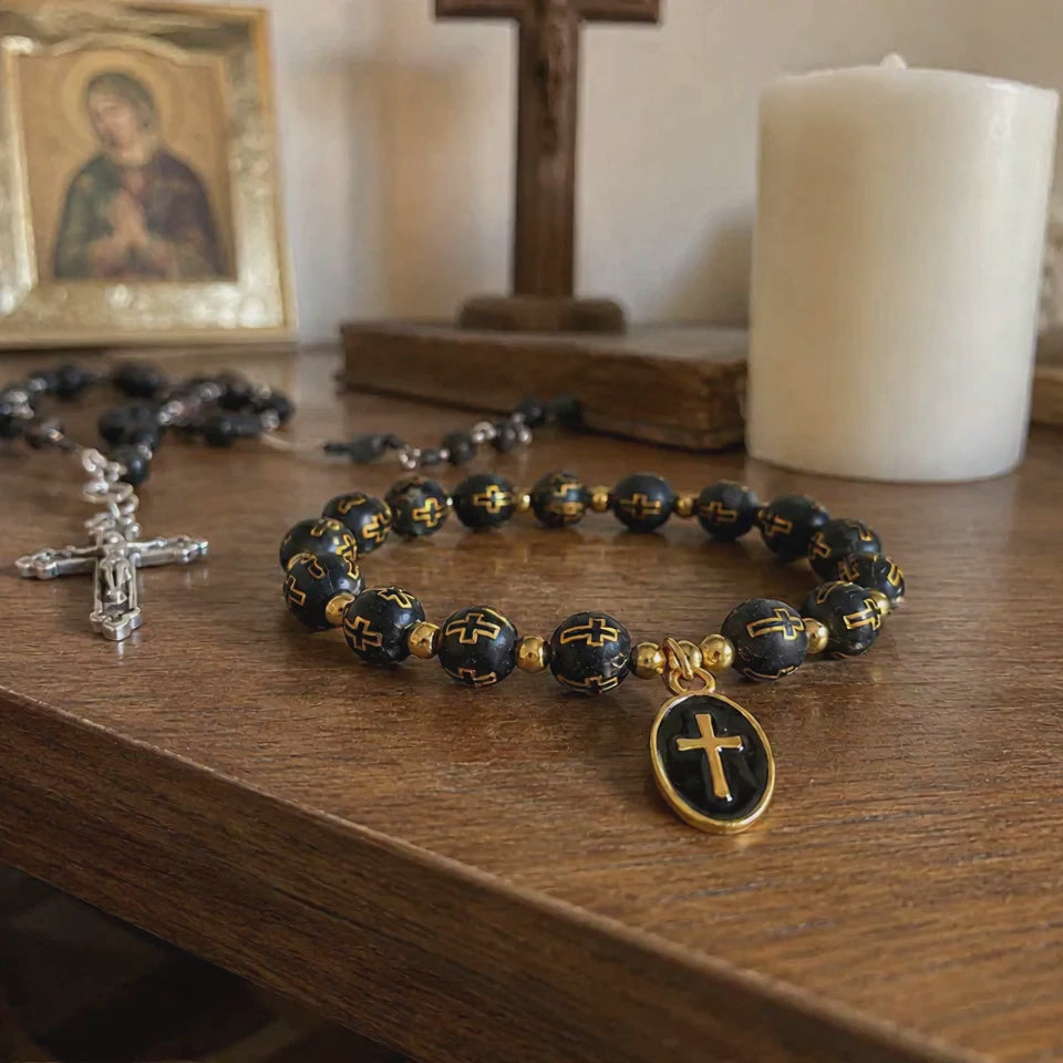 Black & Gold Cross Beaded Stretch Bracelet – A Daily Reminder of Faith, Hope & Devotion - product video preview 1