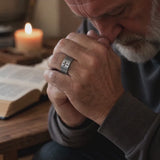 Vintage Antiqued Open-Band Cross Cutout Stainless Steel Ring
