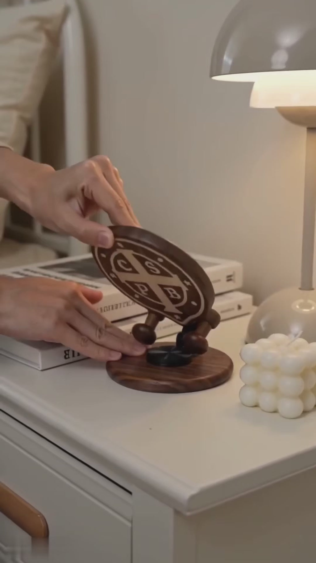 Black Walnut St. Benedict Cross Phone Stand—Foldable and Adjustable Christian Desktop Stand - product video preview 3